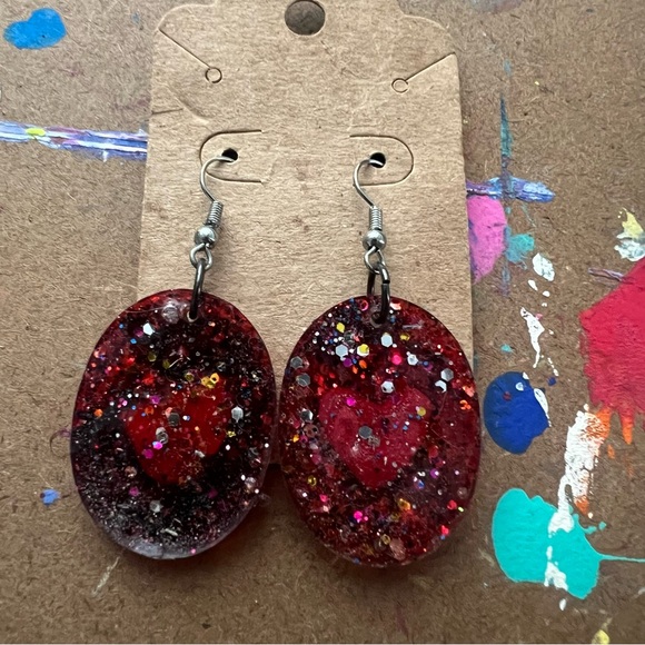 Happy Red Heart Smiley Face Earrings - Picture 2 of 7